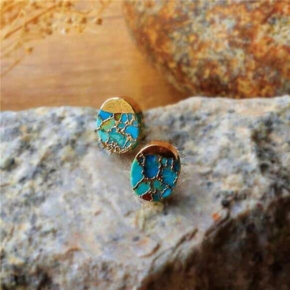 Genuine Turquoise Gold Plated Women Healing Reiki Dainty Oval Stud Earrings Gift - Picture 5 of 5